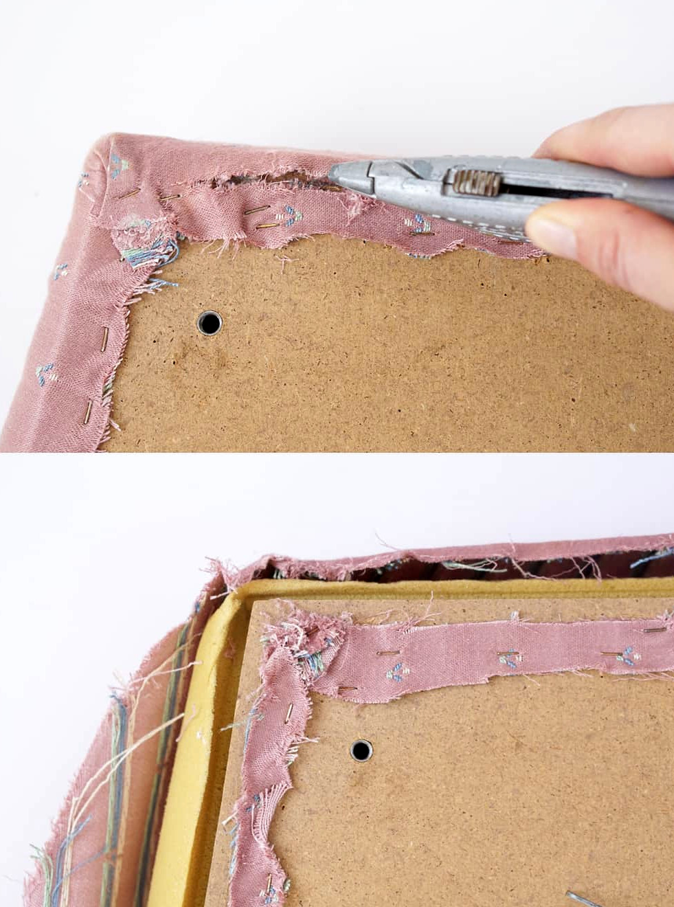 Cutting old material from a chair seat with a razor