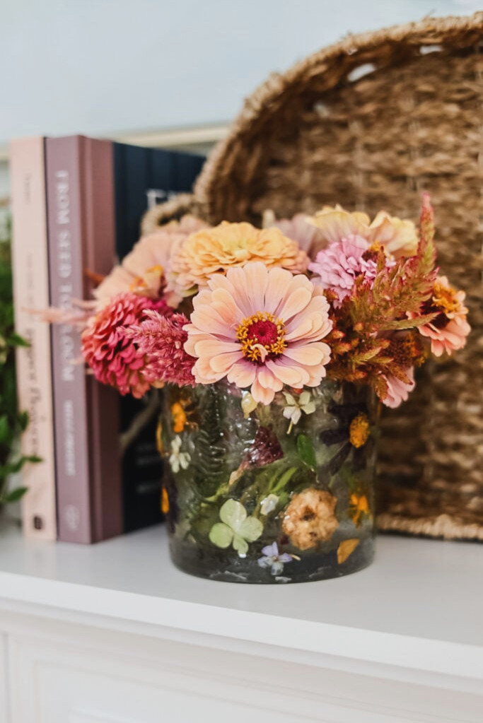 vase filled with Floret Flower Farm original zinnias.