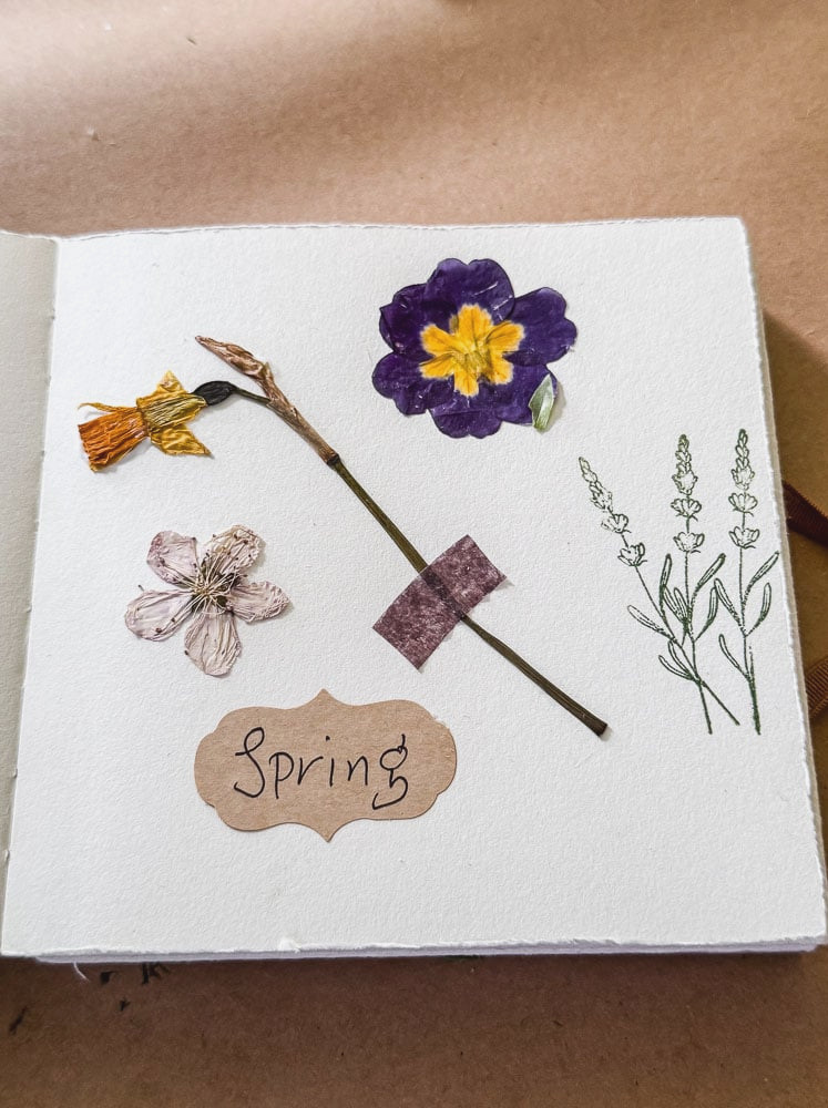 springtime flowers attached inside a journal