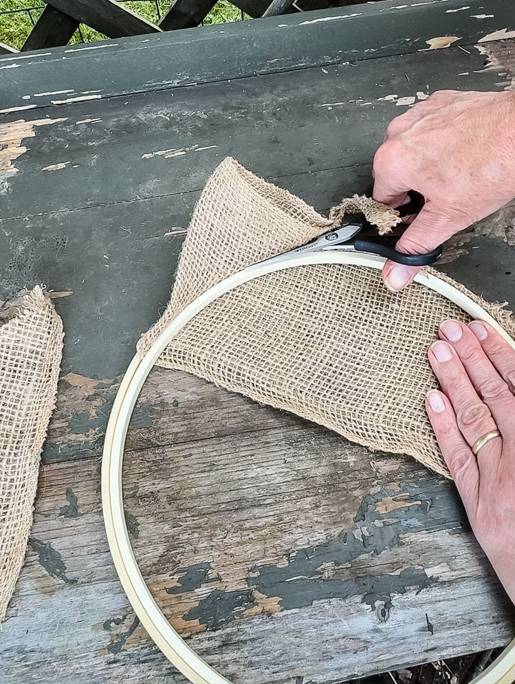 trimming burlap fabric from embroidery hoop